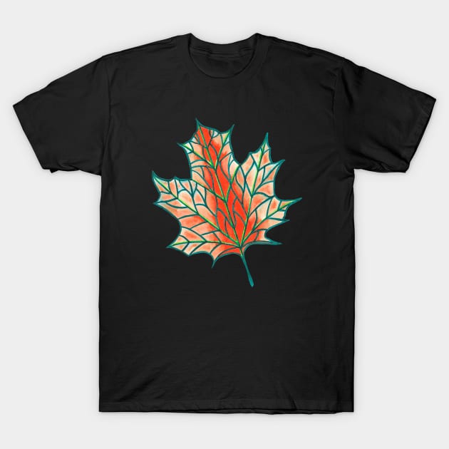 Watercolour Leaf Skeleton in Autumn Fall Colours T-Shirt by Maddybennettart